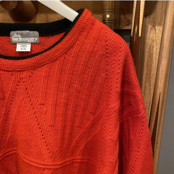 Vintage bright ORANGE 70s Sweater mens XL 3D Acrylic Wool Black RARE geometric - Picture 3 of 16